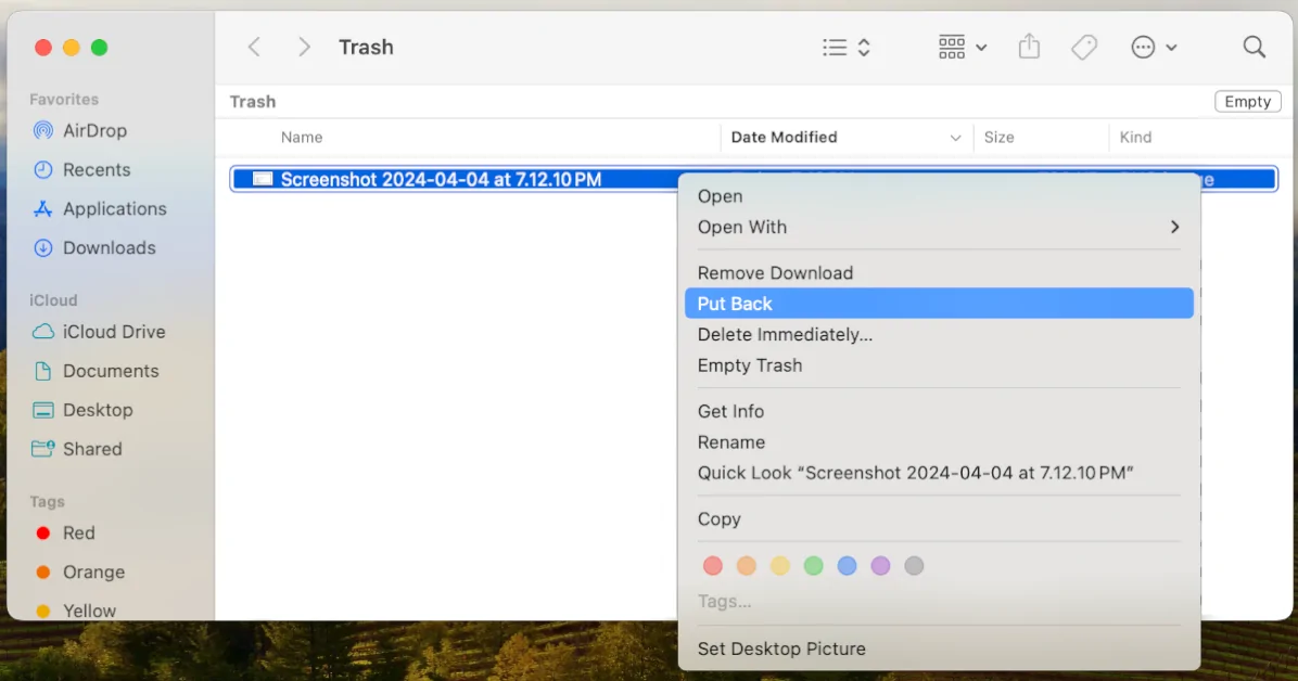 How to restore a deleted screenshot from your Mac's Trash folder.